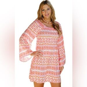 ANGELA MOORE BOHO PEASANT CARLY DRESS INDIAN SPIRIT PINK/ORANGE SIZE:S